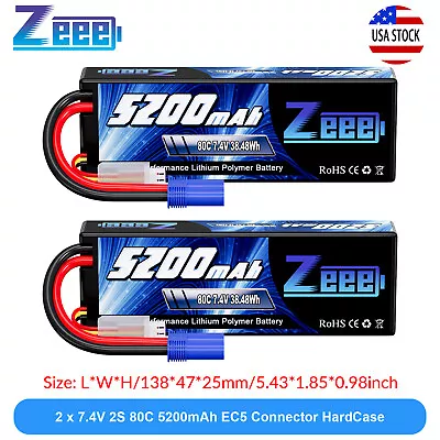 2x Zeee 7.4V 80C 5200mAh 2S LiPo Battery EC5 For 1/8 1/10 RC Car Truck Boat Heli • $35.99