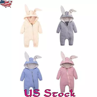 Newborn Baby Boy Girl Rabbit Hooded Romper Jumpsuit Bodysuit Outfit Clothes Tops • £10.59