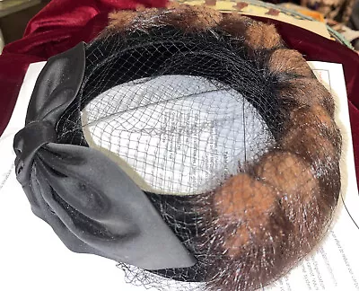 Vintage Ladies Pill Box Hat Mink With Black Bow & Netting Union Made Nice • $35