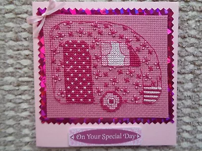 Touring Caravan Cross Stitched Card With A Flower Power Pattern • £3.50