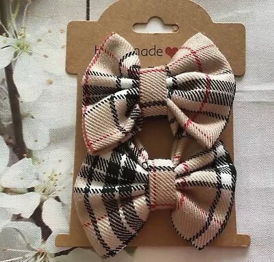 NEW PACK 2 MINI 5cm CARAMEL TARTAN FABRIC BOW HAIR CLIP SLIDE GRIP GIRL HANDMADE • £4.49