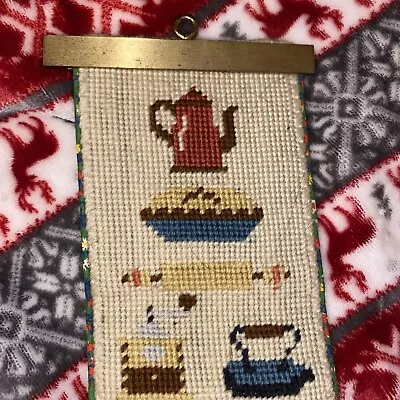 Vintage Kitchen Theme  Stitched Needlepoint Bell Pull With Brass Fittings 5”x28” • $20