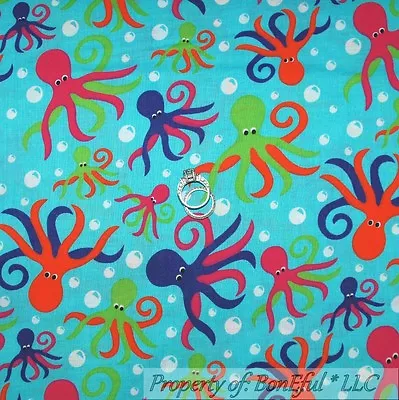 BonEful FABRIC FQ Cotton Quilt Aqua Blue White Octopus Fish Sea World Bubble Dot • $4.38