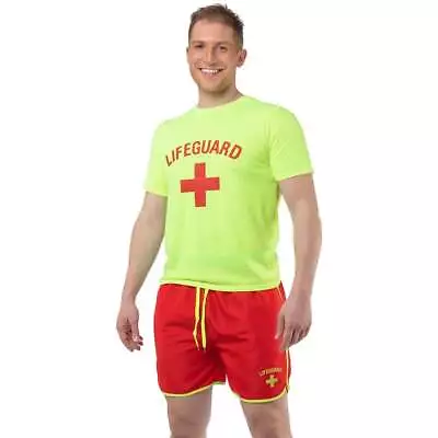 Mens Lifeguard T-Shirt & Shorts Adult 80's Movie Bay Watch Hoff Fancy Dress Set • £14.99