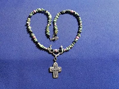 Grandma Grabe's Vintage 925 Sterling Silver Green Turquoise Onyx Cross Necklace • $9.50