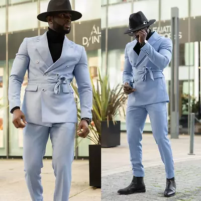 Sky Blue Men's Safari Jackets With Belt Vintage Causal Leisure Fit 2 Pieces Suit • $53.93