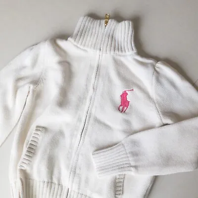 POLO Ralph Lauren Girls Sweater Sz 6 Mock Neck Full Zip White Big Pink Pony • $16.99