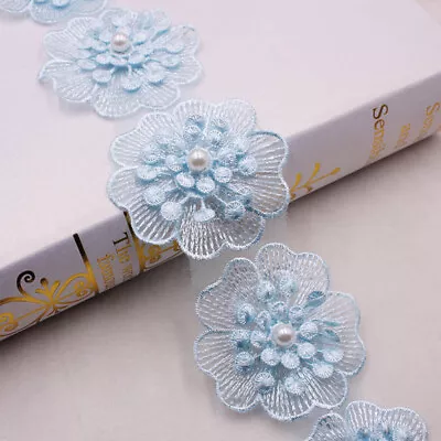 1Yard 3D Pearl Lace Trim Flower Embroidery Edge Ribbon Tim DIY Wedding Dress • £3.79