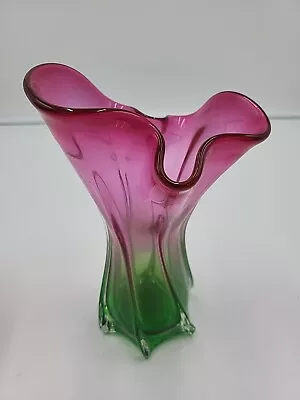 Watermelon Vase Hand Made Mouth Blown Art Glass Vintage Pink Green 8” Tall • $69.69