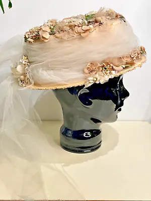 $109.99 • Buy Vtg Whitehall Straw Boater Skimmer White Tulle Veil Embellished Floral Leaf Hat