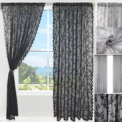 Floral Lace Sheer Curtains Panel Slot Top Voile Window Drapes Net Curtains Grey • £10.51