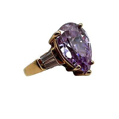 Vtg. 925 Sterling Silver Pear Shaped Amethyst CZ Gold Plated Women's Ring Size 5 • $24.95