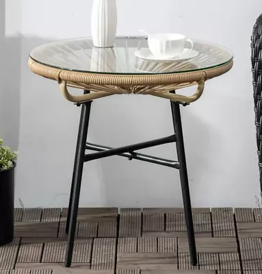 Small Rattan Side Table Garden Patio Coffee Table Round Glass Top End Tea Bistro • £38.99