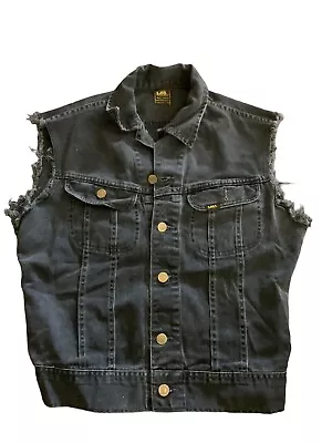 Vintage Lee Black Fade Denim Vest Raw Hem Southwest Boho Made In The USA Union • £76