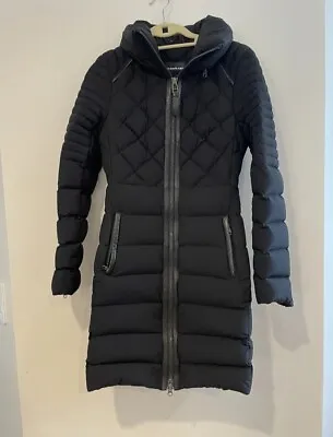 Mackage Black Micah Goose Down Coat High Collar Hidden Hood Knee Length Sz S • $190