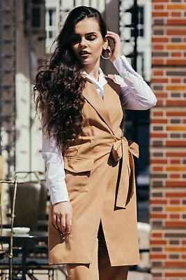 Long Beige Waistcoat With Belt Size 0 2 4 6 8 US Fashionable NEW • £39.41