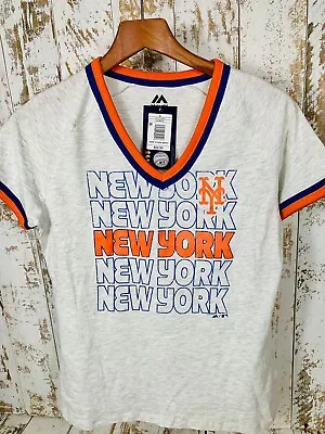 NWT Women’s MLB New York Mets Grey V-neck T-shirt Size S Majestic Cotton Stretch • $13.98