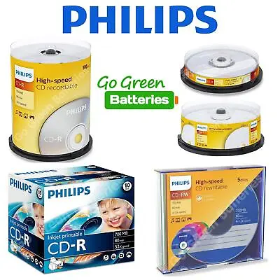 Philips CD-R CD-RW Blank Recordable Rewritable Discs 5/10/25/50/100 Pack • £7.99