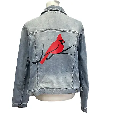 Hand Printed Upcycled XXL Red Cardinal Bird Denim Blue Cotton Blend Jean Jacket • $40