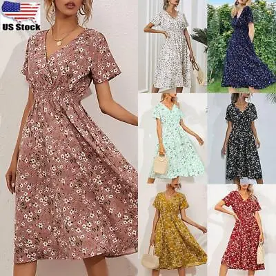 Womens Floral Boho V-Neck Midi Dress Summer Ladies Holiday Short Sleeve Sundress • $19.49