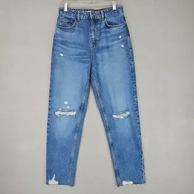 Zara Mom Jeans Womens Size 6 Blue Distressed 100% Cotton Denim High Rise Ankle • $16.48