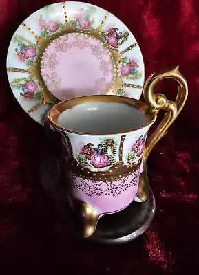 Vintage Arnart Creation 3 Footed Tea Cup & Saucer Japan 33/205 Gold/Pink Scene • $30