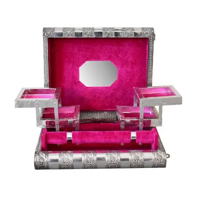 £27.99 • Buy Indian Silver Embossed Jewellery Box With Fuchsia Pink Interior Velvet -Best Buy