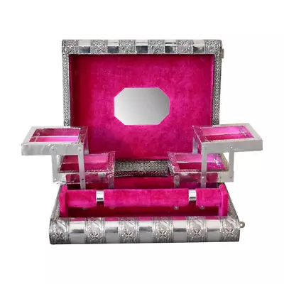 £27.99 • Buy Indian Silver Embossed Jewellery Box With Fuchsia Pink Interior Velvet -Best Buy