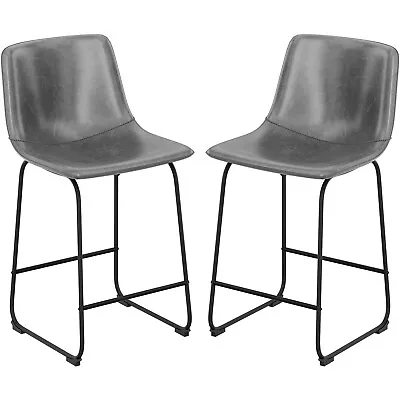 26  Bar Stools Set Of 2 Counter Height With Back PU Leather Dining Chairs Gray • $94.99