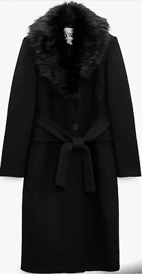 $115.88 • Buy ZARA Black Wool Blend Coat With Faux Fur Collar 8827/298 SIZE S