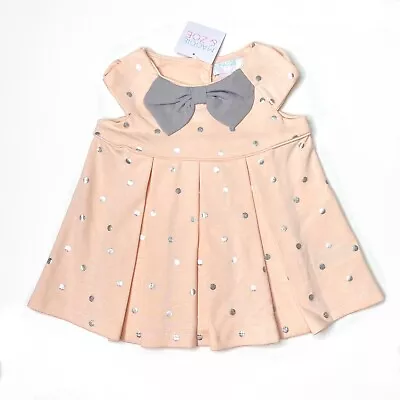 Maggie & Zoe NWT Pink Silver Polka Dot Bow Pleated Short Sleeve Dress Baby 24 Mo • $10