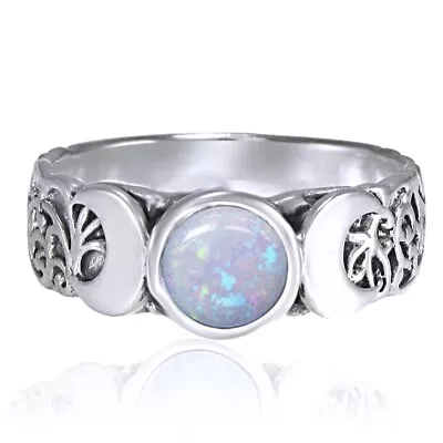 Round Cut Moonstone Triple Moon Goddess Ring 14K White Gold Plated • $179.60