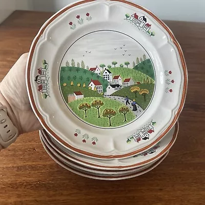 4 Vintage Newcor Country Village Stoneware Salad Plates - Japan - 7.25” • $14