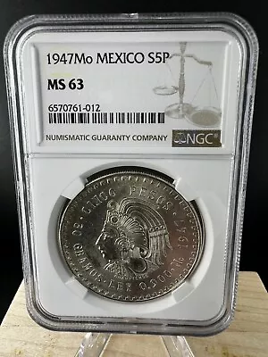1947 Mo Mexico NGC MS63 Silver 5 Pesos S5P Cinco Pesos Coin Cuauhtemoc MS-63 • $69