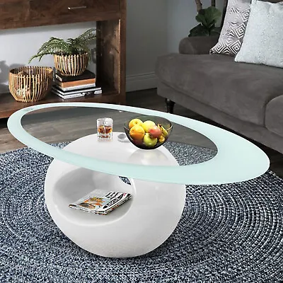 High Gloss Coffee Table Oval Glass Top & Hollow End Side Living Room Black/White • $209.90