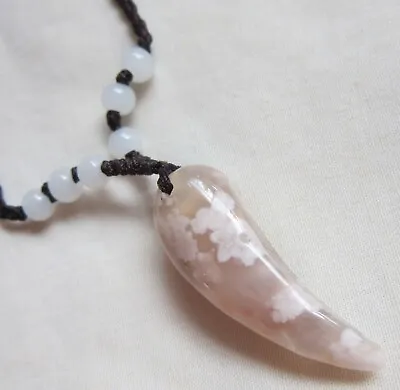 Genuine Rare Sakura Flower Agate Italian Horn Pendant / Cord Necklace • $67.43