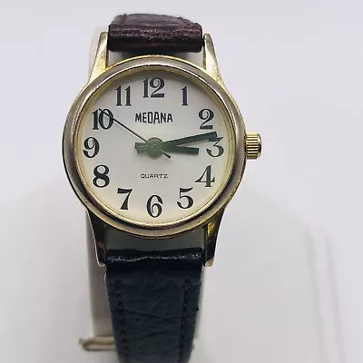Medana Leather Brown Band Stainless Back Womens Watch 22 Mm Dial Round Gold Tone • $49.99