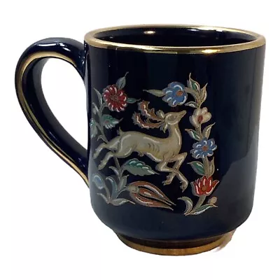 Vintage Manousakis Keramik Hand Made & Gold Rodos-Greece Blue Mug Deer Flowers • $14