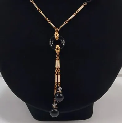 Beautiful Antique 22  Long Gold Tone Lariat Enamel Glass Bead Tassel Necklace  • $21.99