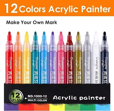 12 Colours Premium Acrylic Paint Marker Pens Art Fine Tip Painting 3mm Tip UK • £8.99