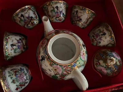 VINTAGE Chinese Miniature Porcelain Tea Set Red Box Decorative Box In Silk. NEW • $24