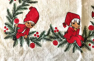 Vtg Pixies Elves Christmas Tablecloth Rectangle Bent Knee Linen BIG 60x96 • $62