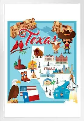 $39.98 • Buy Illustrated Map Of TEXAS White Wood Framed Poster 14x20