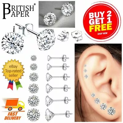 Real 925 Sterling Silver Cubic Zirconia Studs Earrings Men Ladies Women Kids Set • £2.79