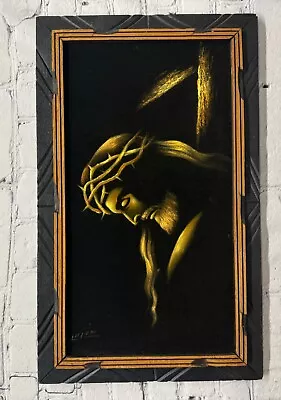 Vintage Black Velvet Jesus Painting Thorns Crucifixion  (Jujan) Mexico Signed • $35