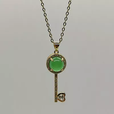 Vintage Natural Round Green Jade Key Pendant Necklace 14k Yellow Gold Finish • $299.99