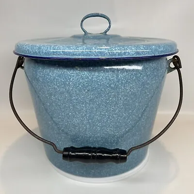 Antique Granite Ware Enamel Mottled Blue White Slop Bucket With Lid 12  X 11  • $89.99