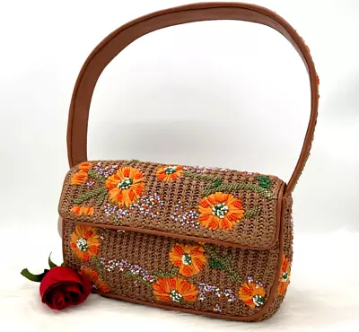 $269.99 • Buy AUTH NWT $398 Staud Tommy Raffia Floral Bead Shoulder Bag In California Poppy