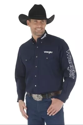 Men’s Wrangler Logo Solid Navy Long Sleeve Button Down Shirt Size XL • $40