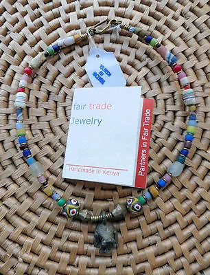 $14.99 • Buy African Jewelry Krobo Beads Ghana Brass Frog Pendant Necklace Kenya Fair Trade 